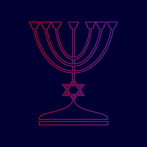 在黑色剪影的犹太烛台烛台。矢量。从红到紫颜色深蓝色背景上的渐变线图标