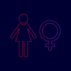 女性符号图。矢量。从红到紫颜色深蓝色背景上的渐变线图标