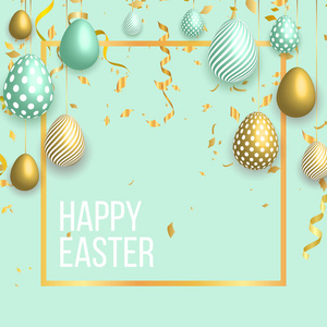 快乐的复活节模板金色彩带和鸡蛋，兔子的耳朵，点缀在绿色的背景。矢量图