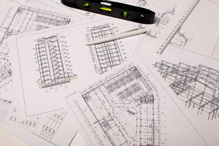 建筑的背景。部分建筑项目 建筑计划 技术项目，绘图技术的字母，在纸上，施工方案设计