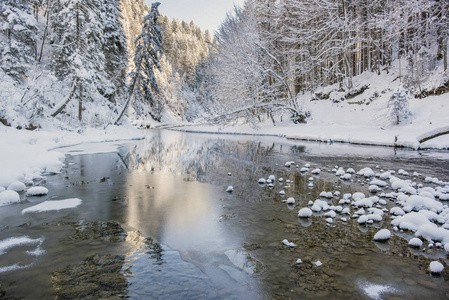 在德国巴伐利亚州河雪和冰的全景画面