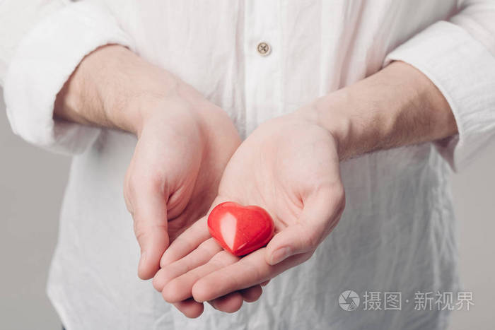 穿白衬衣的男人握在灰色背景的红色的手心里