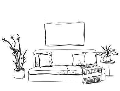 床头装饰画手的客厅有一个沙发的素描画照片