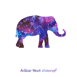 大象的轮廓.与不同星座的星空.手画水彩.卡跟随你的梦想照片