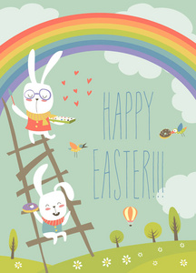 有趣的复活节兔子与彩虹
