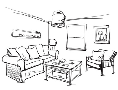 房间内部草绘。桌子 沙发和其他家具