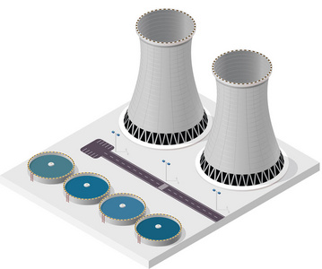 矢量等距冷却系统，分离核电工厂，白色背景