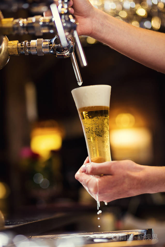 酒保倒的鲜啤酒在酒吧,酒保手在浇注吃水的啤酒,啤酒从水龙头, 玻璃