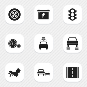 9 可编辑车辆图标集。包括轮胎 速度计 交通信号灯等符号。可用于 Web 移动 Ui 和数据图表设计