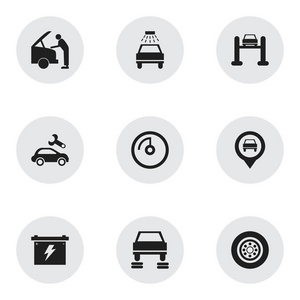 9 可编辑交通图标集。包括如汽车修理 轮胎 汽车修复和更多的符号。可用于 Web 移动 Ui 和数据图表设计
