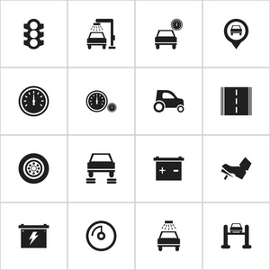 16 可编辑交通图标集。包括符号，如汽车离不开，轮胎，电池和更多。可用于 Web 移动 Ui 和数据图表设计
