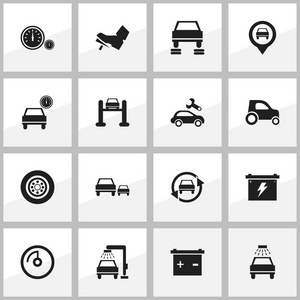16 可编辑车辆图标集。包括车辆洗 竞赛 汽车等符号。可用于 Web 移动 Ui 和数据图表设计