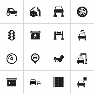 16 可编辑车辆图标集。包括符号指针 洗车 货仓车等。可用于 Web 移动 Ui 和数据图表设计