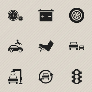 9 可编辑交通图标集。包括蓄电池 汽车修复 调谐汽车等符号。可用于 Web 移动 Ui 和数据图表设计