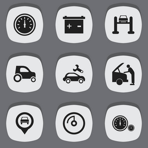 9 可编辑汽车图标集。包括符号速度显示 汽车服务 测速仪等。可用于 Web 移动 Ui 和数据图表设计