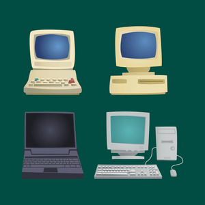 复古计算机项目经典古董技术风格商务个人设备和老式的 pc 桌面硬件通信对象矢量图