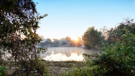 日出在雾蒙蒙的池塘湖