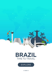 巴西。在里约热内卢。时间旅行。旅游海报。矢量平面插画