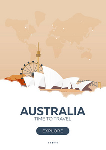 澳大利亚。时间旅行。旅游海报。矢量平面插画