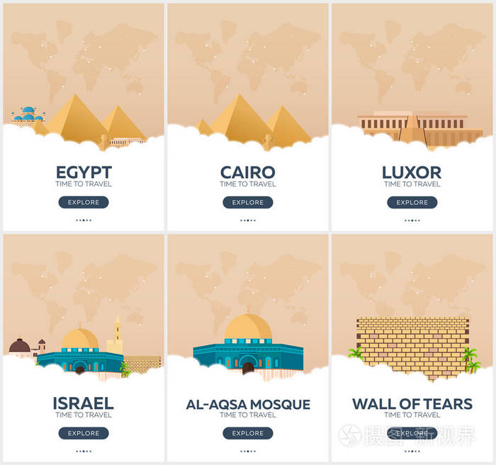 埃及，以色列。时间旅行。一整套的旅行社宣传海报。矢量平面插画