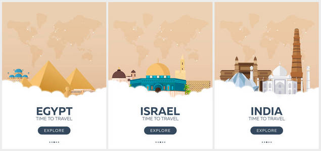埃及，以色列，印度。时间旅行。一整套的旅行社宣传海报。矢量平面插画