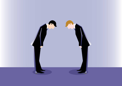 商业插画的 2 名商人相互鞠躬作为象征主义的尊重照片