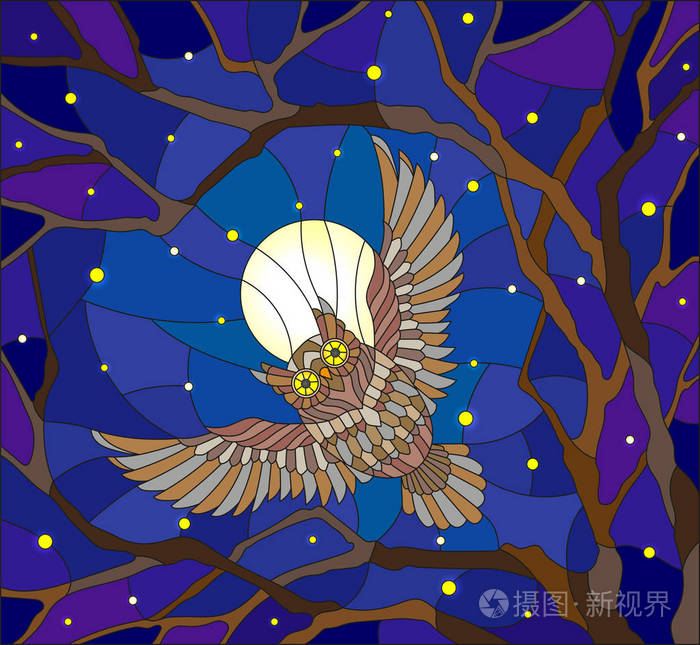 插图在彩色玻璃绘画风格与猫头鹰在繁星点点的夜空和月亮之间树的分支