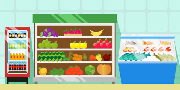 粮食 蔬菜和水果的计数器。与软性饮料的冰箱。展示与鱼 肉 香肠。贸易设备在超市或杂货店。向量 eps10