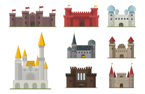 卡通童话城堡塔图标可爱建筑幻想房子童话中世纪和公主据点设计分离的寓言矢量图
