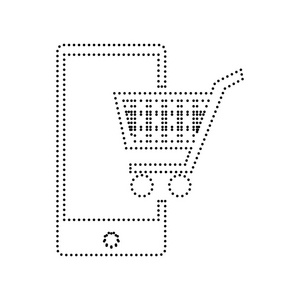 在智能手机标志上购物。矢量。白色背景上的黑色虚线的图标。分离