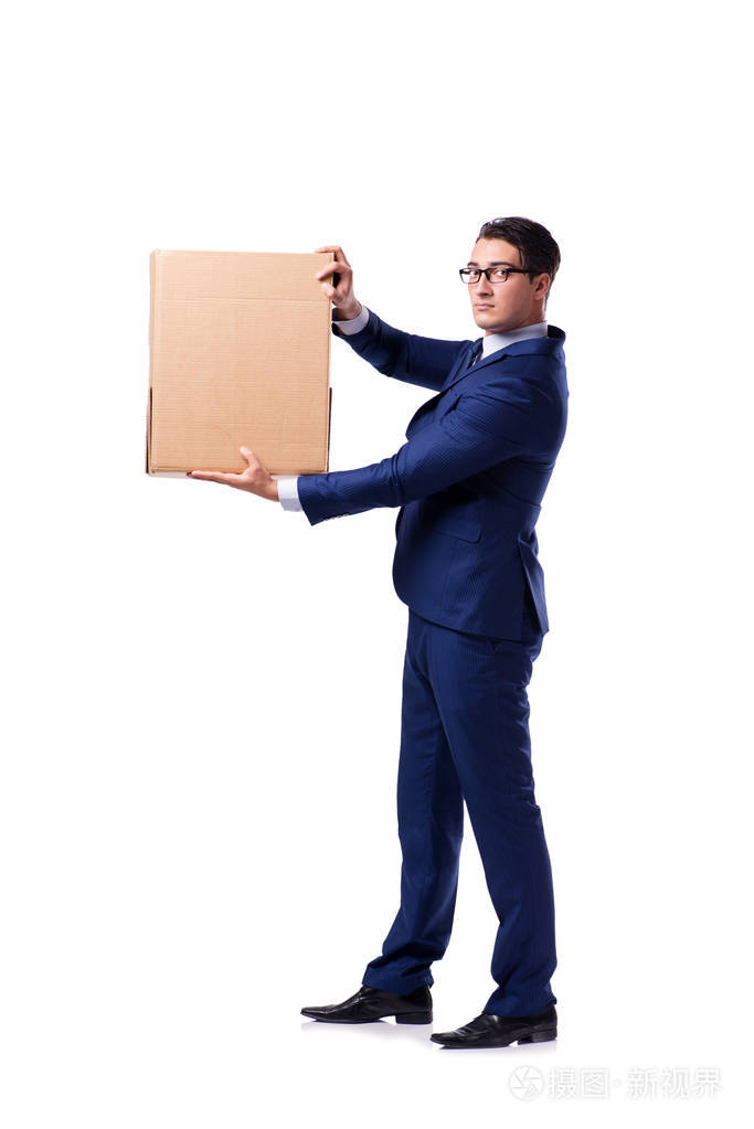 商人抬箱子上白色孤立