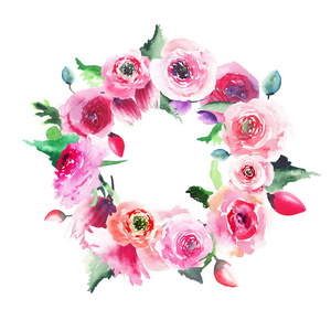 复杂的花卉的草药的华丽的可爱的明亮的春天五彩缤纷的野花玫瑰矢车菊锦葵与牛排花圈水彩手绘