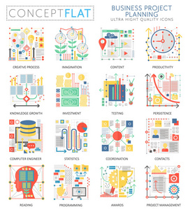 信息图表迷你概念企业财务规划图标和数字营销网站。优质颜色概念平面设计 web 图形图标。商业金融项目概念