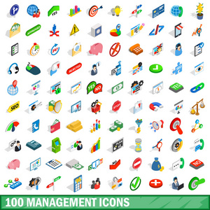 100 管理图标集，等距 3d 风格