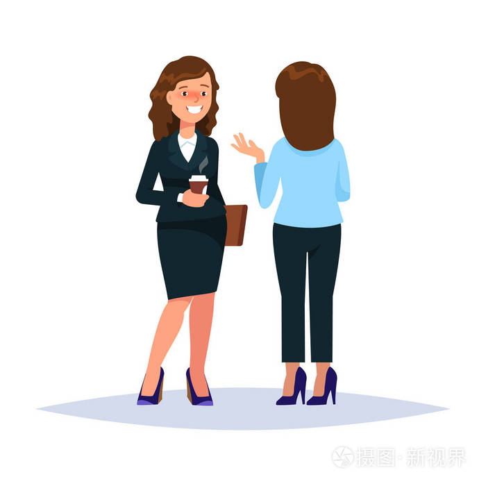 矢量图夫妇女商人喝咖啡和谈话逆语孤立.商业人通信白色背景