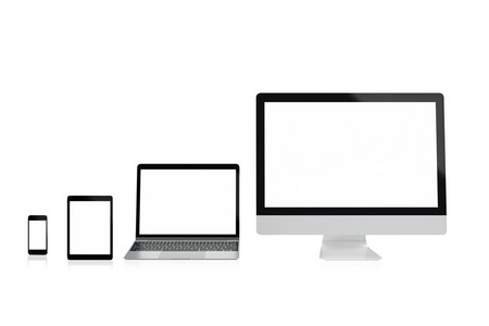 现代计算机笔记本电脑移动手机和平板电脑隔离与剪贴蒙版为样机，3d 渲染的白色背景上
