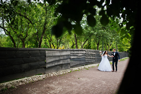 年轻时尚的婚礼夫妇在公园的爱情
