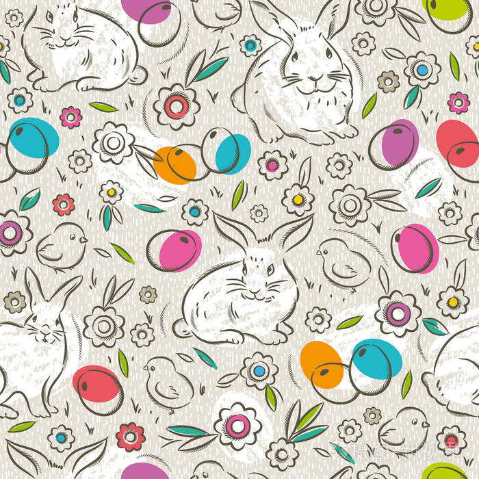 无缝图案与颜色的复活节彩蛋 兔子 鲜花和 c