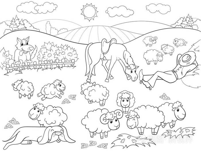 牧场羊与牧羊人和着色的儿童卡通矢量插图的狗插画-正版商用图片0xsm
