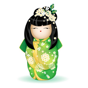 日本国家 kokeshi 娃娃图案的白色的花和蜻蜓的绿色和服。白色背景上的矢量图。卡通风格中的一个字符