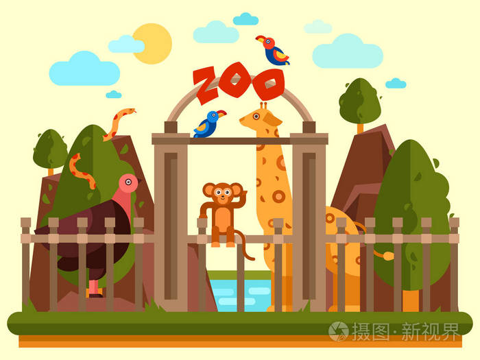 色彩缤纷视图的动物园入口以动物和美丽的风景.