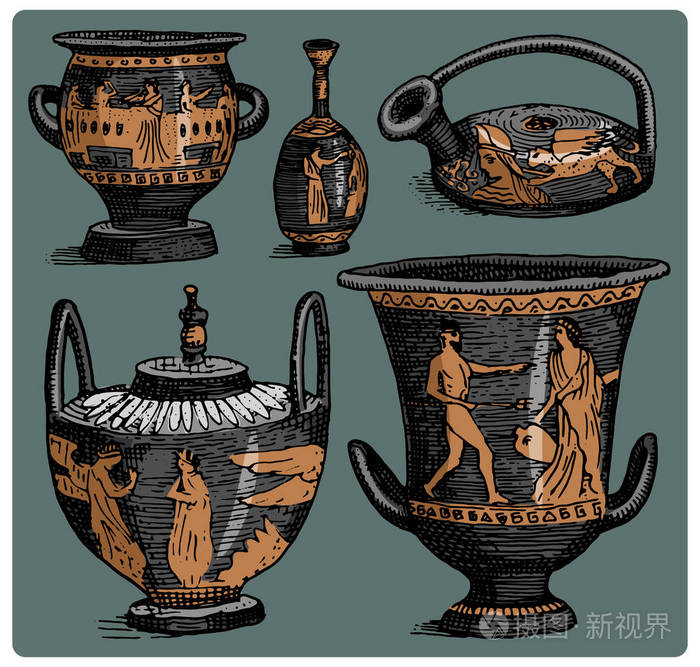 古希腊,仿古双耳瓶设置, 花瓶与生活场景葡萄酒,刻手绘草图或砍木头