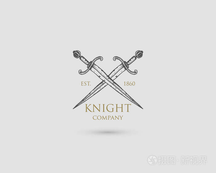剑徽标,中世纪的骑士匕首古董古董符号,刻的手绘草图或木头切割的风格