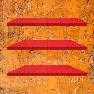 3 红色木书架表上橙色的水泥墙背景
