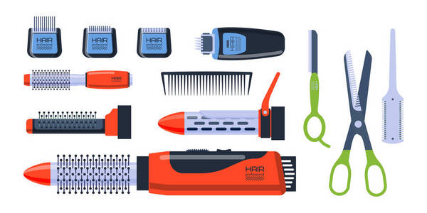理发沙龙专业设置与工具设备和扭仪容仪表金属理发店护理美发造型师电动辅助矢量图