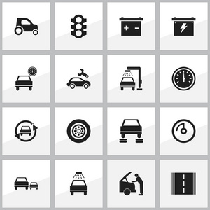 16 可编辑车辆图标集。包括蓄能器 汽车修理 汽车修理和更多的符号。可用于 Web 移动 Ui 和数据图表设计