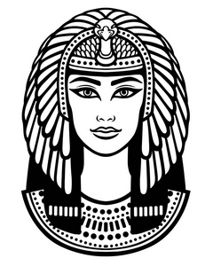 动画的埃及美女的画像。黑色孤立在白色背景上的白色矢量插图。打印 海报 t 恤 纹身