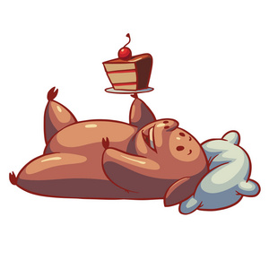 可笑的丰满小猪躺着一个蛋糕，彩色图像