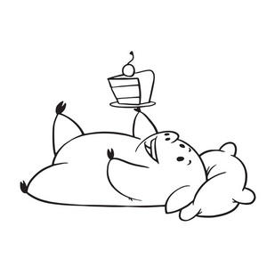 可笑的丰满小猪躺着一个蛋糕，单色风格