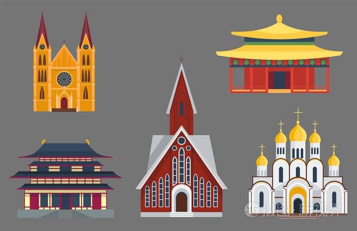 的一些寺庙建筑地标旅游世界宗教和著名结构传统城市古代老塔矢量图